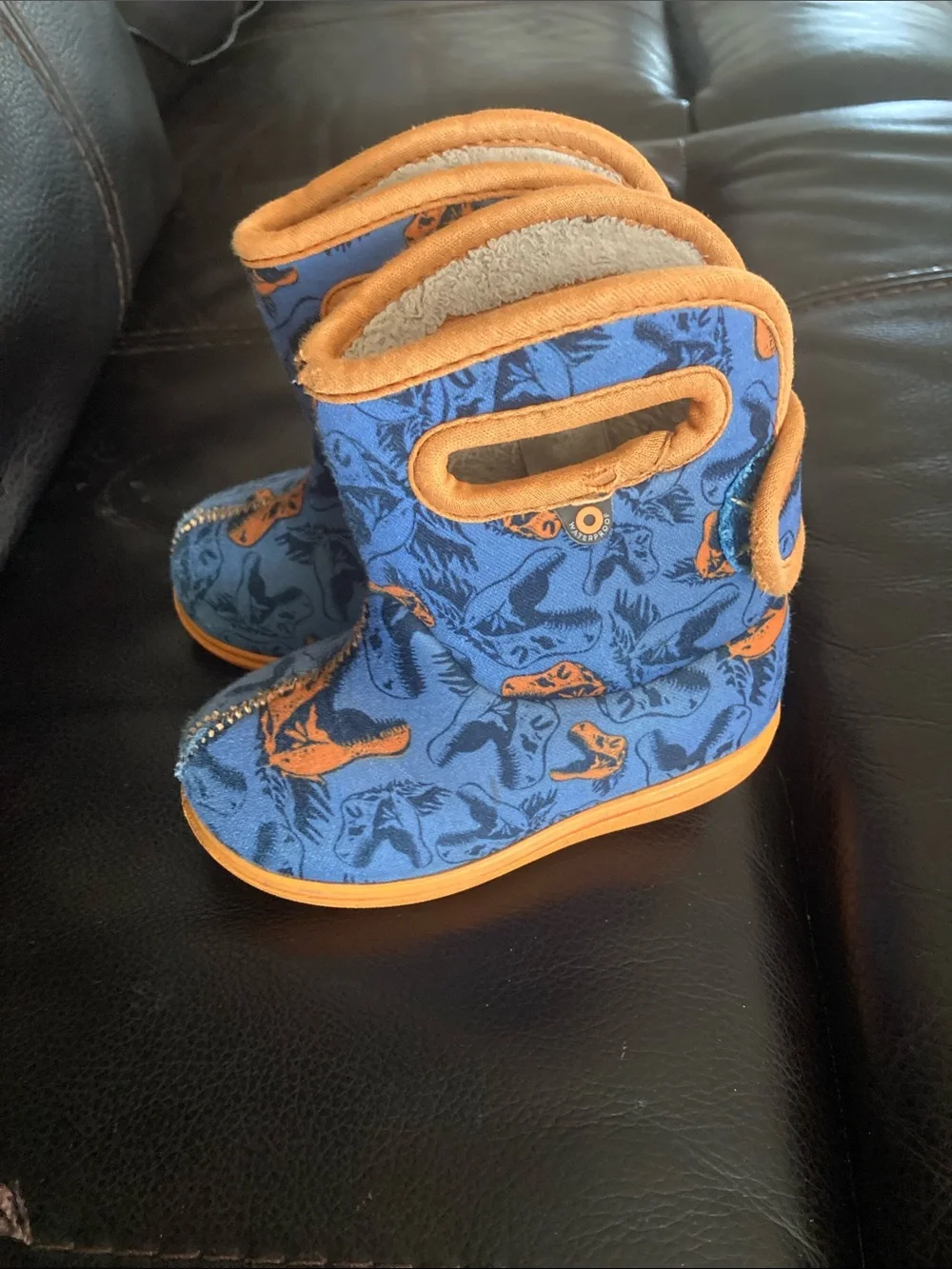 Bogs Kids Blue and Orange Dinosaur Rain & Snow Boots